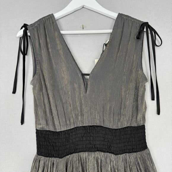 Pinch Dress Womens Small Gold Metallic Midi Party Deep V-Neck Cocktail Evening - Picture 3 of 16